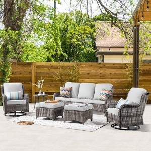 Ovios Orlando 6pc Brown Wicker Outdoor Patio Furniture Conversation Sofa Set with Swivel Chairs and Cushions - 1 of 4