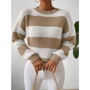 Women's Striped Knit Long Sleeve Sweater Casual Color Block Crewneck Pullover Top - 1 of 4