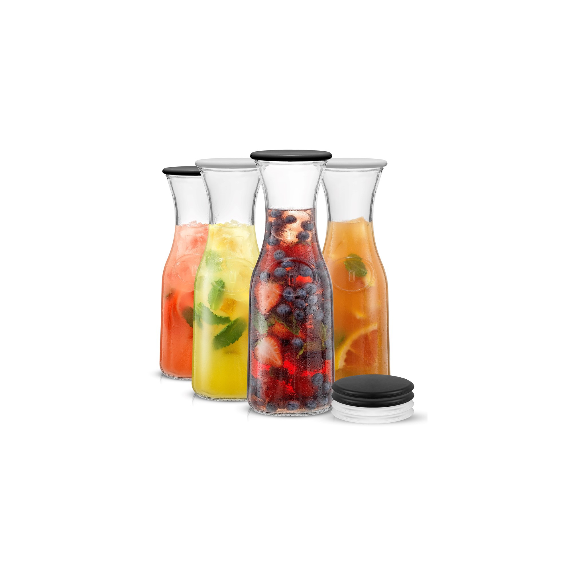 JoyJolt Hali Glass Carafe Bottle Water or Juice Pitcher with 6 Lids - 35 oz - Set of 4