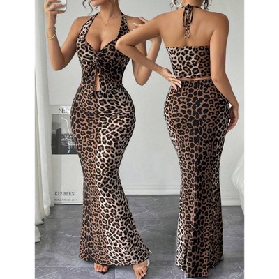 MOCAMEL Summer Leopard Print V-Neck Cross Twist Knot Slit Top And Fish Tail Skirt Set With Halter