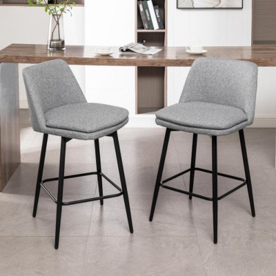 Gray Linen Bar Height Swivel Bar Stool, Set of 2, 360° Swivel Upholstered Bar Stool