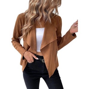 Coolmee Womens Faux Suede Jackets Dressy Casual Lapel Long Sleeve Open Front Cropped Outerwear Coats with Pocket - 1 of 4