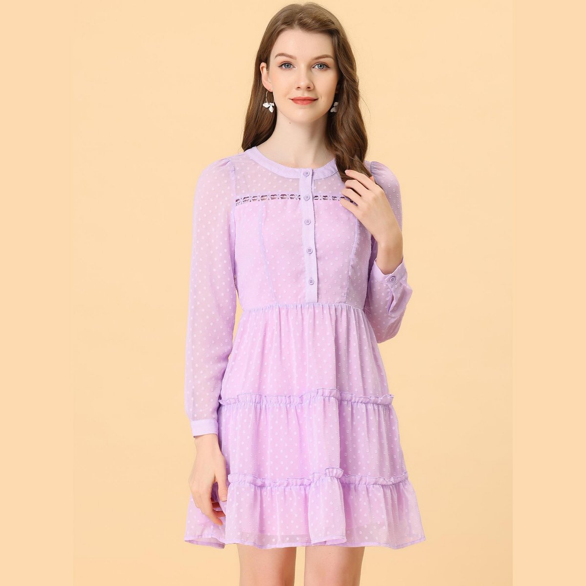 Женские платья INSPIRE CHIC Women's Swiss Dots Elastic Waist A-Line Tiered Flowy Chiffon Dress Small Lavender — фото 3