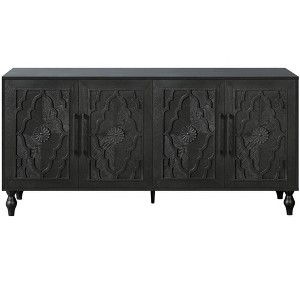 HomeRoots 68" Black Distressed Carved Floral Sideboard with Four Doors - 1 of 4