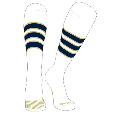 PEAR SOX Striped OTC Baseball, Softball, Football Socks (C) White, Vegas Gold, Navy