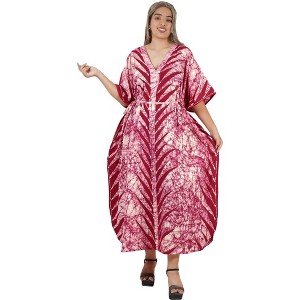 LA LEELA Women's Summer Plus Size Caftan Maxi Muumuu Nightgown Loungewear Dashiki House Dresses for Women 2X-3X Red, Leaf - 1 of 4