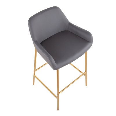 Set of 2 Gold Metal and Gray Faux Leather Bar Stools