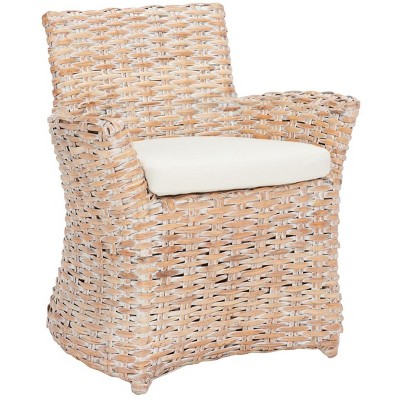Modern Coastal Whitewash Rattan Armchair with White Cushion