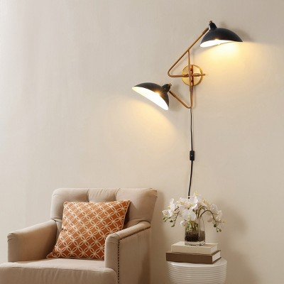 Aspera Mid-Century Black Iron Dual-Arm Plug-In Wall Sconce