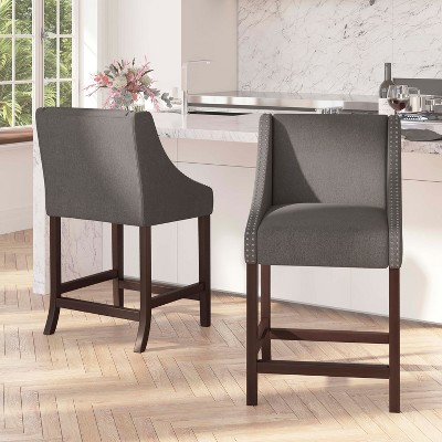 Walnut Wood Counter Height Stool with Dark Gray Fabric and Nailhead Trim - Set of 2