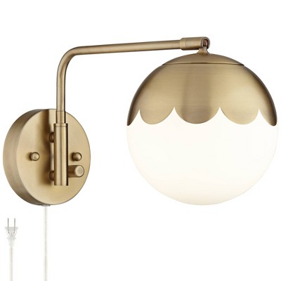360 Lighting Modern Swing Arm Wall Lamp Antique Brass Plug-In Light Fixture Globe Glass Shade Bedroom Bedside Living Room Reading