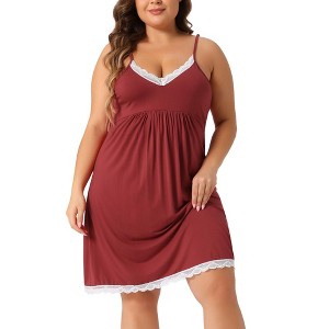 Agnes Orinda Women's Plus Size Lace Strap Chemise V Neck Midi Babydoll Nightgowns - 1 of 4