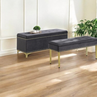 Alilang 48.43 inches Tufted Velvet Storage Bench with Nailhead Trim and Gold Metal Legs-Gray