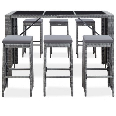 vidaXL Ergonomic Patio Bar Set with Cushions -7 Pieces, Poly Rattan, Gray - Weather-Resistant, Powder-Coated Steel Frame, Tempered Glass Tabletop