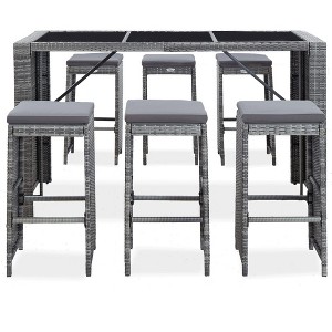 vidaXL Ergonomic Patio Bar Set with Cushions -7 Pieces, Poly Rattan, Gray - Weather-Resistant, Powder-Coated Steel Frame, Tempered Glass Tabletop - 1 of 4