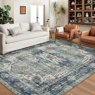 Machine Washable Faux Wool Vintage Floral Printed Area Rug Ultra Thin Low Pile Non Slip Non Shedding Indoor Carpet