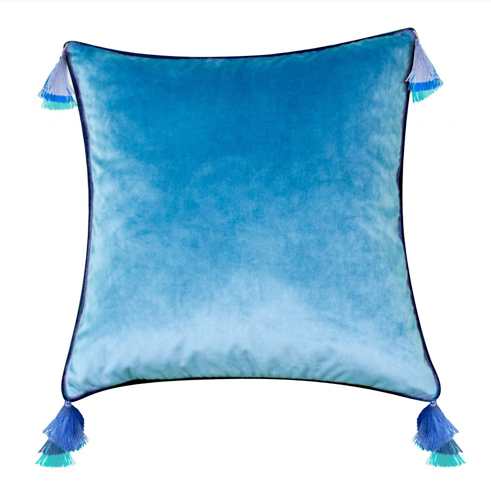 Photos - Pillow 18"x18" Velvet Reversible Tassel Square Throw  Blue - Edie@Home
