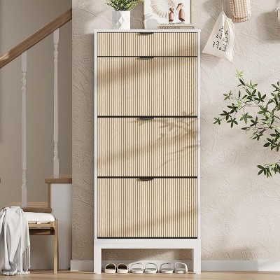 Shoe Cabinet with 3 Flip Doors & 1 Drawer, Modern Fluted Shoe Organizer for Entryway,Hallway(Black+Grey)