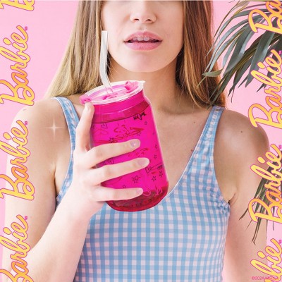 Barbie Pink and Magenta Glass Tumblers with Lids and Straws, Set of 2