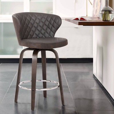 26" Brown Faux Leather Swivel Bar Stool with Wood Base