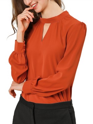 INSPIRE CHIC Women's Office Keyhole Elegant Stand Collar Long Sleeve Back Neck Button Blouse