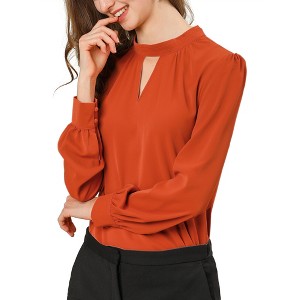 INSPIRE CHIC Women's Office Keyhole Elegant Stand Collar Long Sleeve Back Neck Button Blouse - 1 of 4