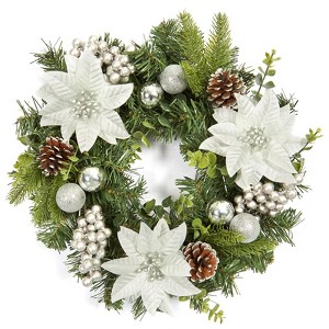 16 Inch Christmas Wreath for Front Door Decor - Luxury Xmas Wreath with Glitter Balls, Poinsettia Flowers - 1 of 4