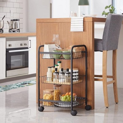 Black 3-Tier Metal Rolling Storage Cart with Removable Baskets