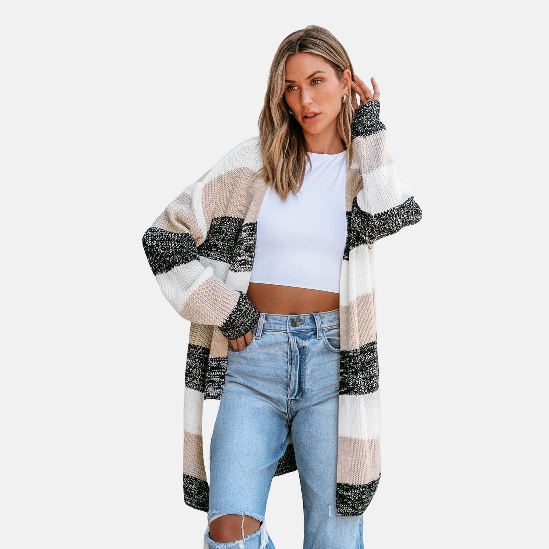Women's Striped Knit Longline Cardigan - Cupshe-S-Gray&khaki