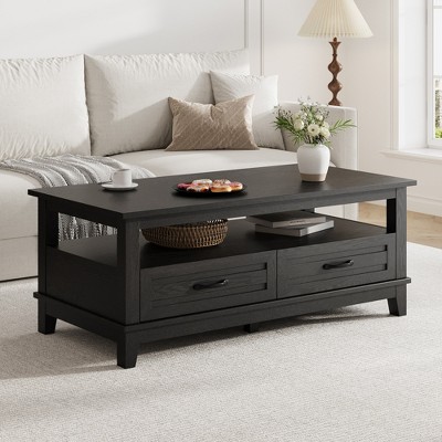 Farmhouse Coffee Table with Drawers, 47.2" Center Table Rustic Coffee Tables Walnut Living Room Table
