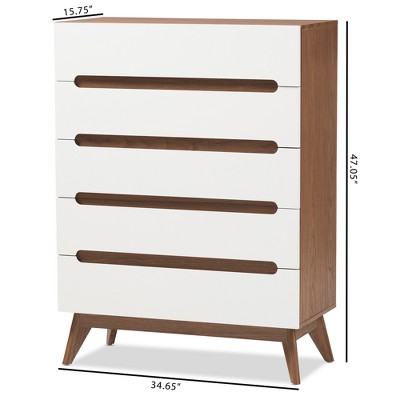 Calypso Mid-Century Modern White and Walnut 5-Drawer Chest