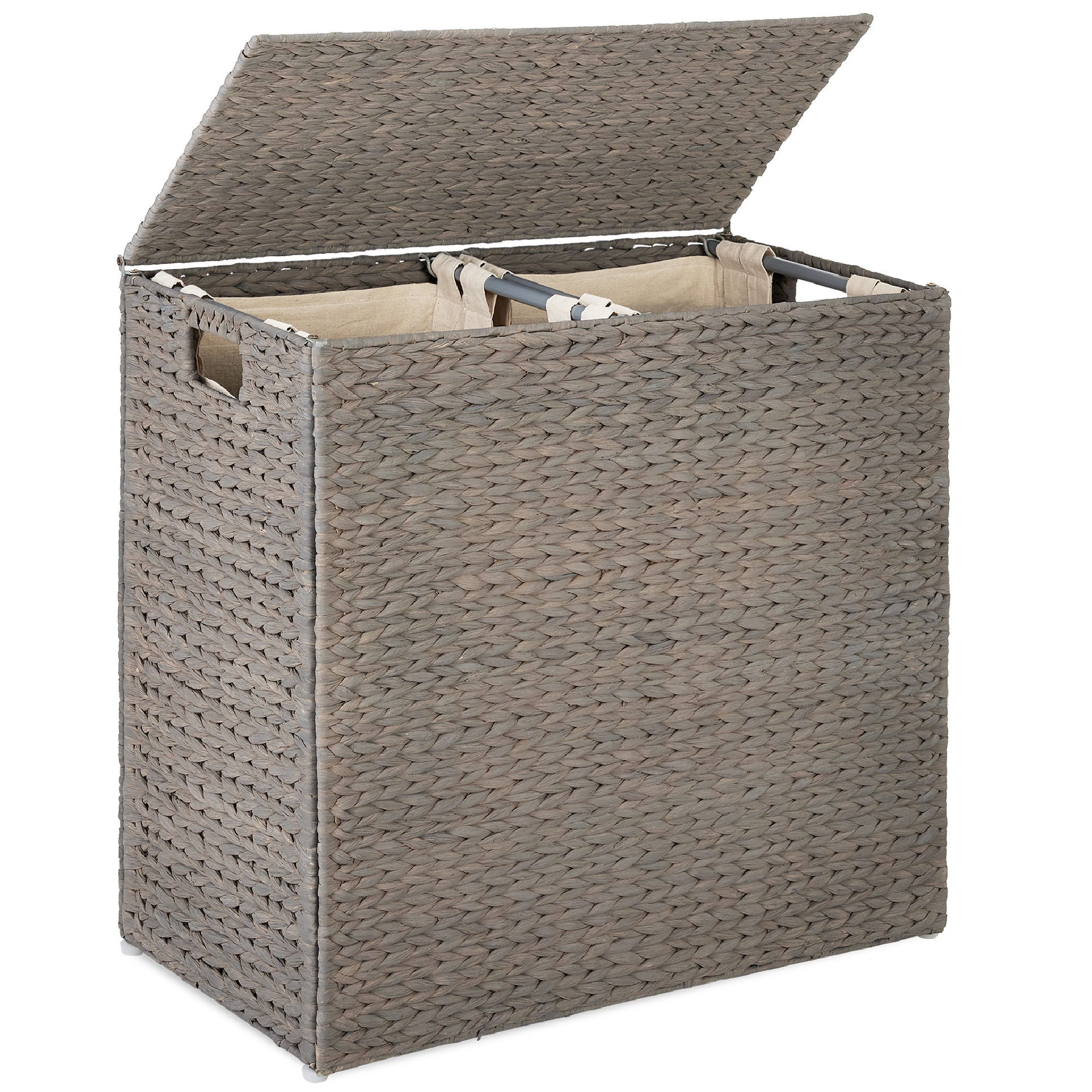 Best Choice Products Large Natural Water Hyacinth Double Laundry Hamper Basket w/ 2 Liner Bags, Handles - Gray