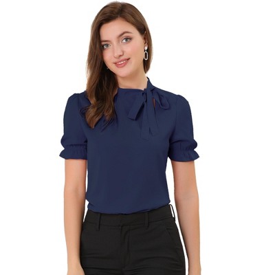 INSPIRE CHIC Women's Bow Tie Neck Solid Color Elastic Cuffs Elegant Office Short Sleeve Blouse