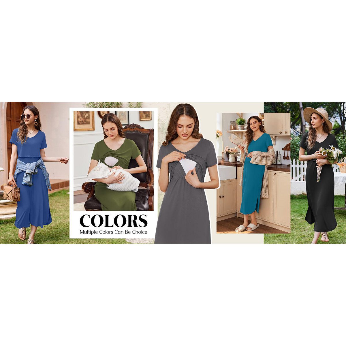 Женские платья Ekouaer Women's Nursing Dress Summer V Neck Short Sleeve Maternity Split Long Dresses for Breastfeeding with Pockets Green L — фото 8