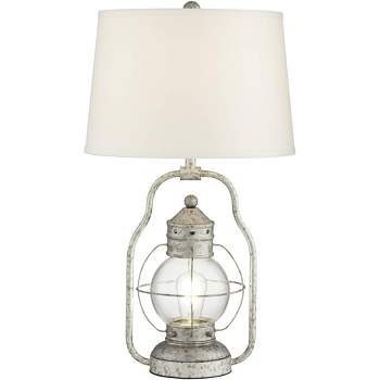 Franklin Iron Works Rustic Farmhouse USB Lamp with Table Top Dimmer and Nightlight LED 26" High Silver Off White Linen Glass Living Room