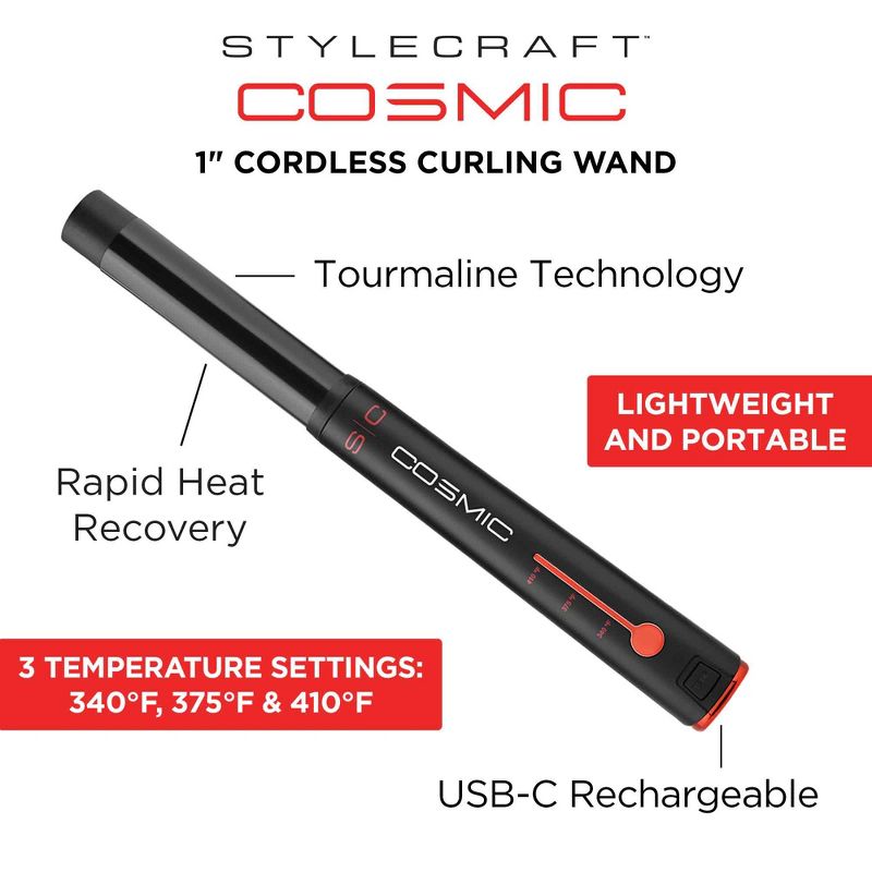 StyleCraft Cosmic Cordless Hair Curling Wand 1"-Inch with USB-C Connection Rechargeable, 5 of 9