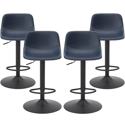 Set of four navy blue adjustable bar stools with black metal bases