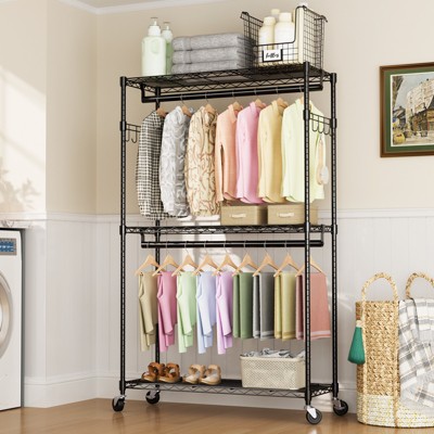 Clothes Rack Heavy Duty Adjustable Garment Clothing Rack with Wheels, Freestanding Closet Organizer for Hanging Clothes with 2 Side Hooks, Double Rod