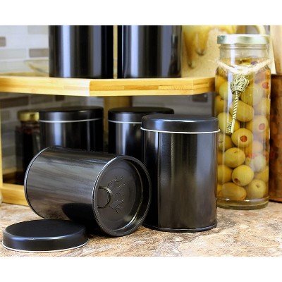 Black Metal Round Tea Canisters with Airtight Double Lids, 6-Pack