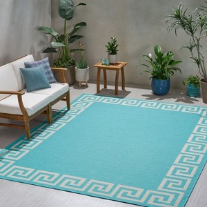 Gulches Outdoor Teal & Ivory Area Rug 94"x120", 100% Polypropylene, Machine Woven, 0.16" Pile, Hand Crafted Details - 1 of 4