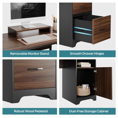 Gray L-Shaped Wood Gaming Desk with Drawers and Keyboard Tray