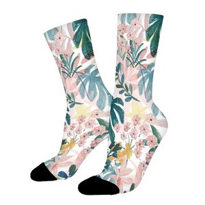 Pink Flowers Pattern Women Printed Crew Socks Funny Funky Socks Soft Polyester Novelty Gifts for Artists Men - 1 of 1