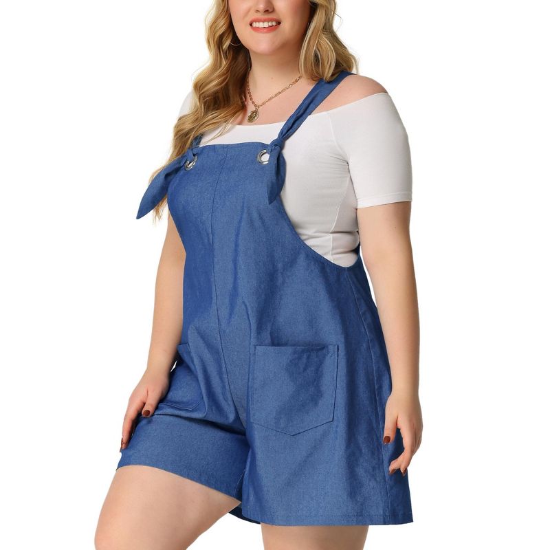 Agnes Orinda Women's Plus Size Chambray Sleeveless Tie Shoulder Cargo Jumpsuits, 2 of 6