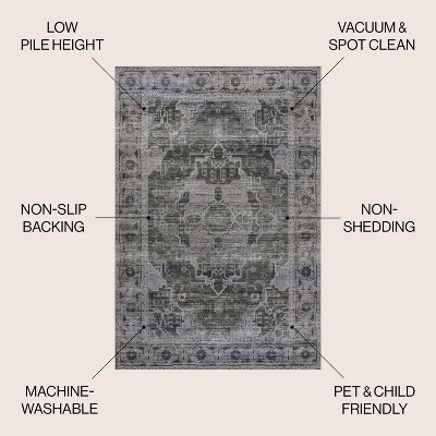 Alanya Dark Green and Gray Medallion Washable 8' x 10' Area Rug