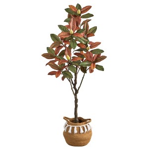 Nearly Natural 5-ft Artificial Fall Magnolia Tree with Handmade Jute & Cotton Basket with Tassels - 1 of 4