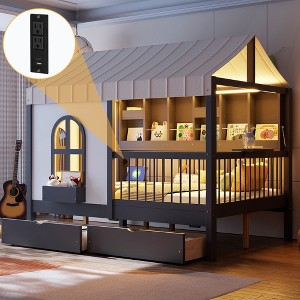 Full Size House Bed Tent Bed Kids Bed Frame with 2 Drawers, Side LED Bookshelf & Built-In Charging Station - ModernLuxe - 1 of 4
