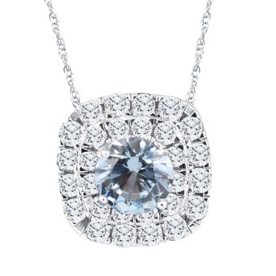 Pompeii3 2 3/4Ct Aquamarine & Diamond Cushion Halo Pendant 10k White Gold Womens Necklace