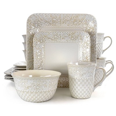 16pc Stoneware Floral Dove Dinnerware Set White - Elama