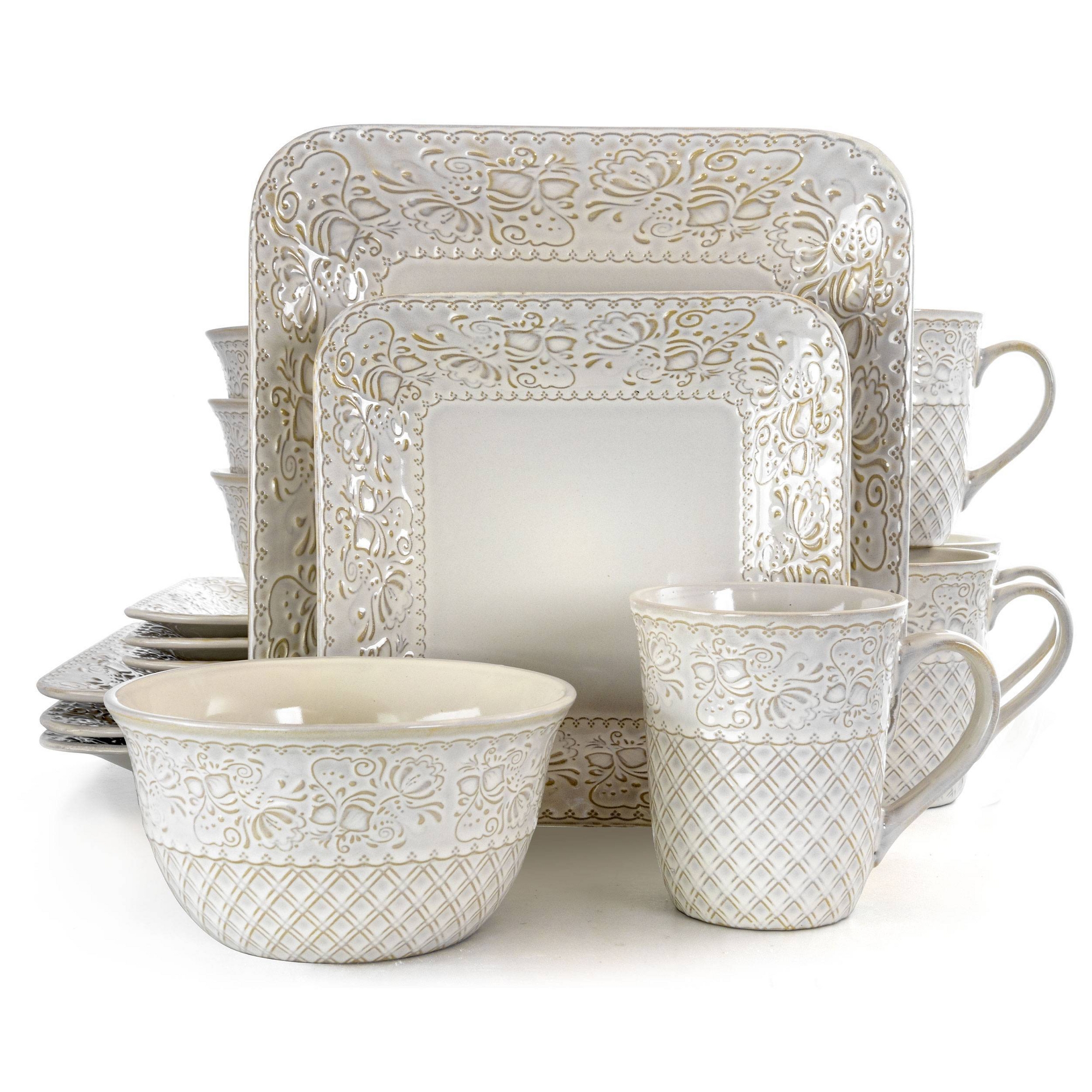 16pc Stoneware Floral Dove Dinnerware Set White - Elama: Rounded Square Dishware, Microwave & Dishwasher Safe