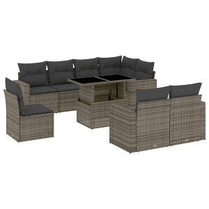 vidaXL 9 Piece Patio Sofa Set with Cushions Gray Poly Rattan - 1 of 4